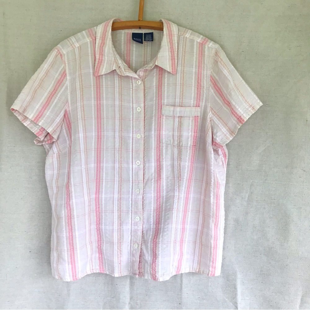Vintage  Seersucker Striped Pastel Short Sleeve Button Down ~ Size XL